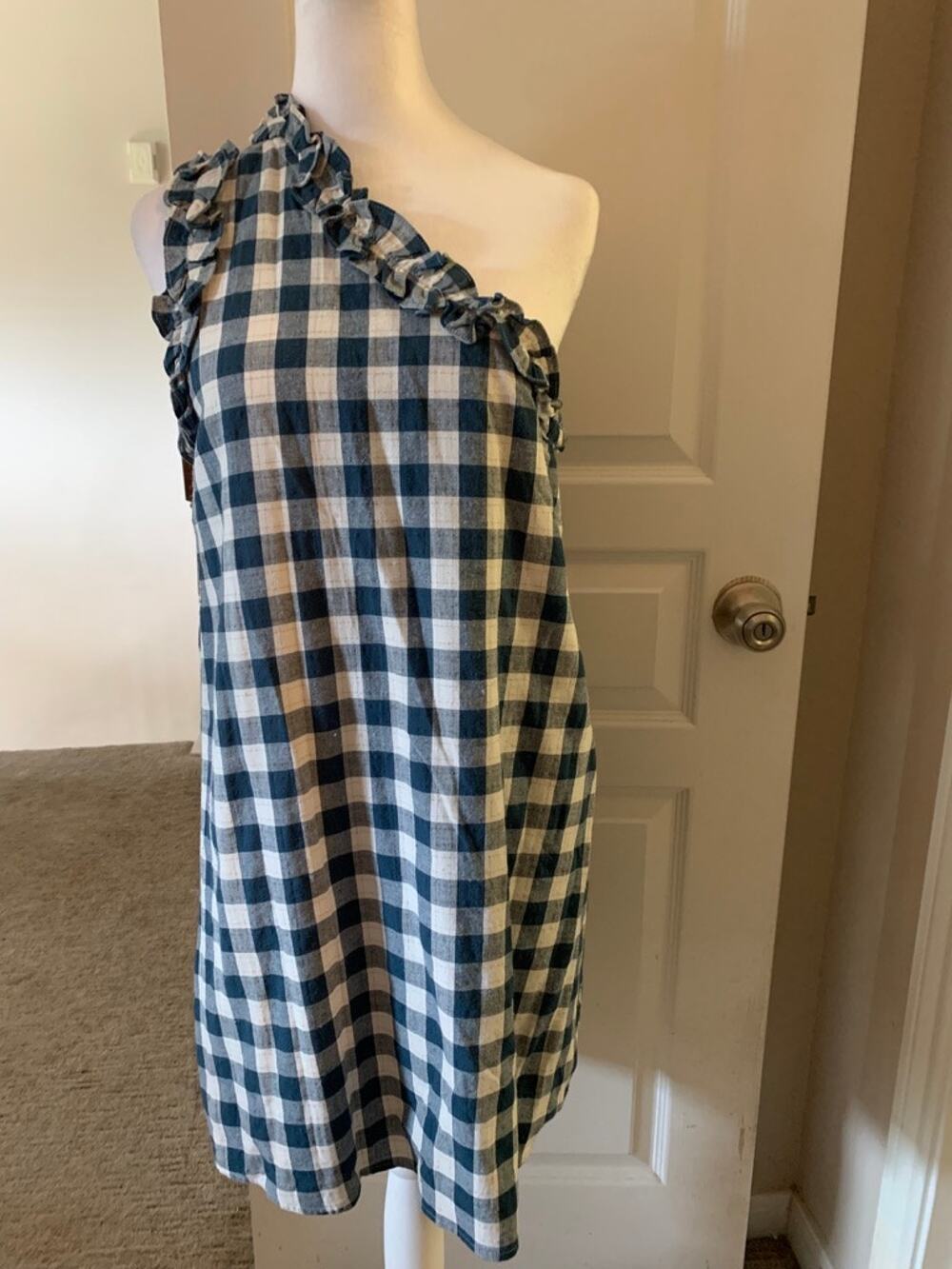 entro Navy and White Gingham One-Shoulder Midi Dress